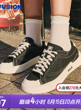 FILA FUSION斐乐潮牌帆布鞋女鞋休闲滑板鞋透气平底黑色低帮鞋子