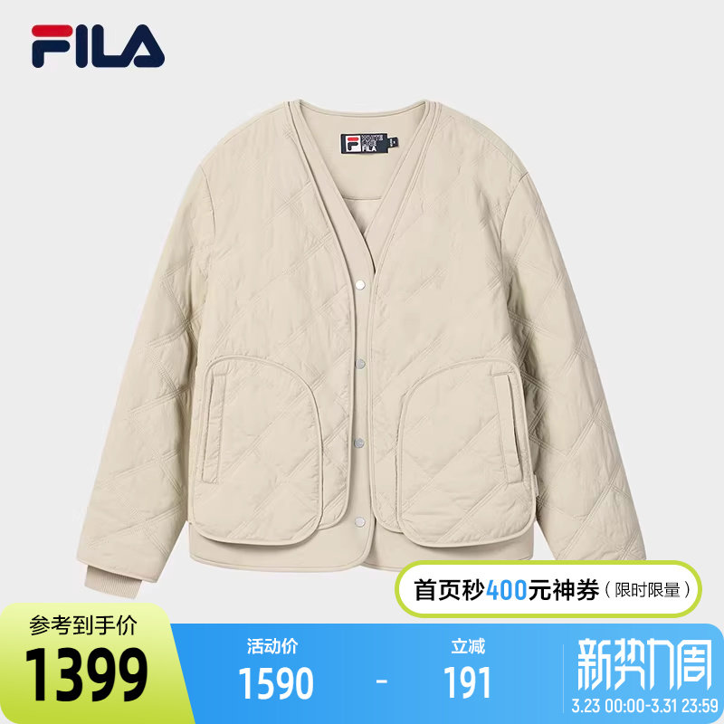 FILA 斐乐官方女士棉服2026春新款时尚休闲绗缝V领假两件保暖外套