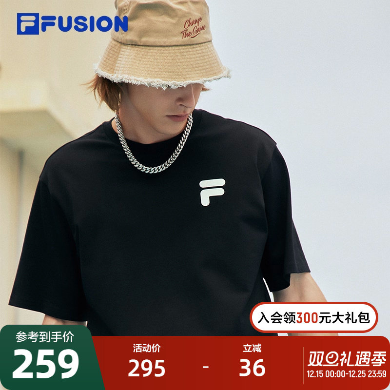 FILA FUSION斐乐情侣运动T恤2023夏纯棉宽松运动短袖上衣男女