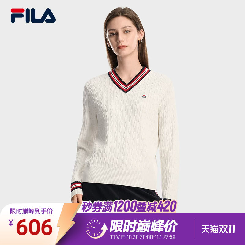 FILA 斐乐官方女子编织衫2026春新款时尚休闲舒适绞花V领套头毛衣