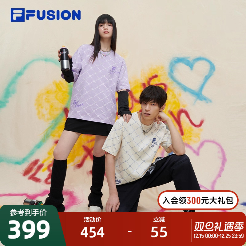 FILA FUSION斐乐潮牌情侣款老花短袖T2024春新纯棉情人节T恤男女