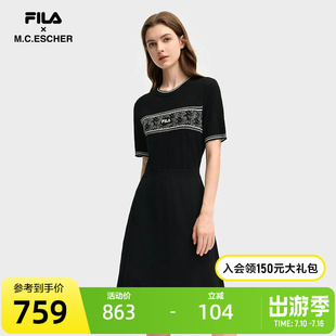 FILA 斐乐官方女子编织裙2025秋新款时尚休闲基础刺绣短袖连衣裙