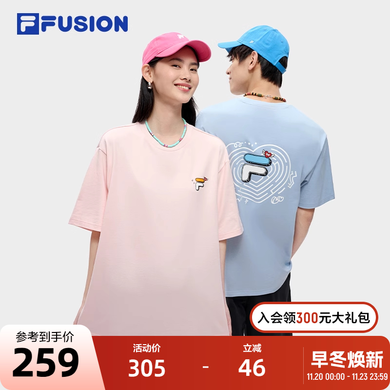 FILA FUSION斐乐潮牌女短袖T恤情侣款2023夏宽松情人节男上衣