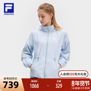 FILA 斐乐官方女士梭织外套2024冬新款健身运动满印连帽宽松上衣