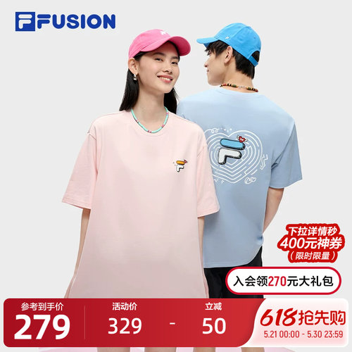 FILA FUSION斐乐潮牌女短袖T恤情侣款2023夏宽松情人节男上衣
