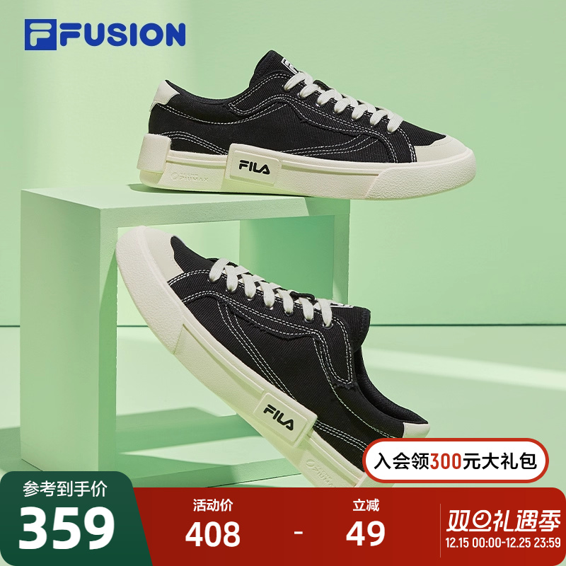 FILA斐乐FUSION潮牌帆布鞋女休闲滑板鞋透气男士平底黑色低帮鞋子