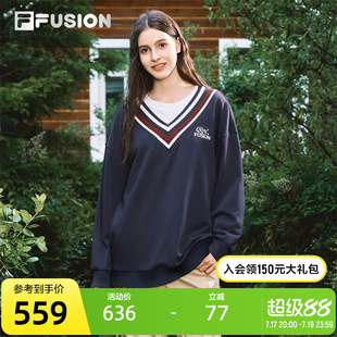FILA FUSION斐乐潮牌女子套头卫衣2025秋新款时尚拼接V领针织上衣