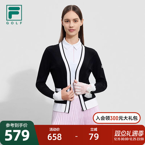 FILA 斐乐官方女士编织外套2023秋V领撞色开衫高尔夫运动上衣