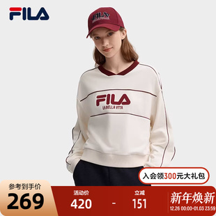 宽松拼色V字立领针织上衣 新款 FILA 斐乐官方女子套头卫衣2024秋季