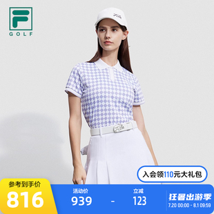 FILA 2023冬格纹高尔夫运动上衣 斐乐官方女士针织短袖 POLO衫