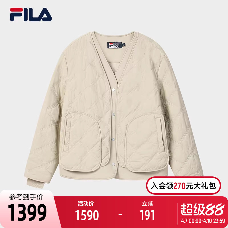 FILA 斐乐官方女士棉服2026春新款时尚休闲绗缝V领假两件保暖外套