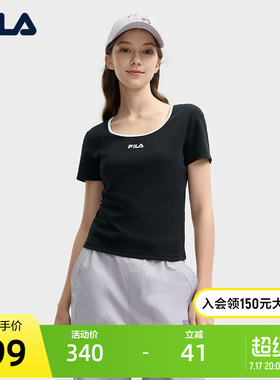 FILA 斐乐官方女子针织短袖衫2024夏新款时尚休闲简约U领修身T恤