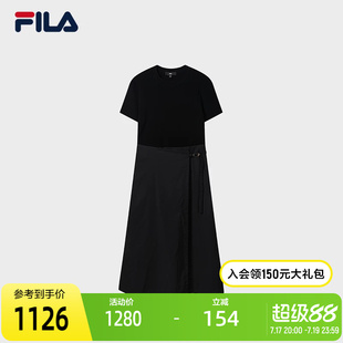 FILA 斐乐官方女子连衣裙2026秋季新款休闲裙子拼接修身短袖长裙