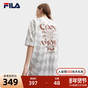 FILA 斐乐官方情侣款针织短袖衫2024夏季新款时尚休闲满印纯棉T恤