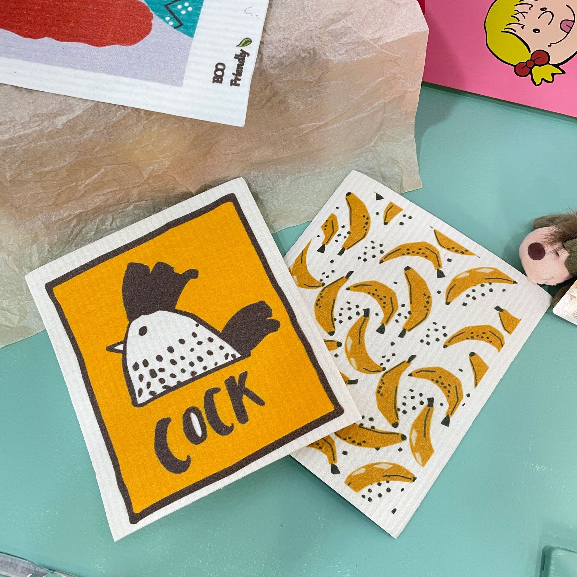 新款韩式ins厨房木浆棉抹布重复使用吸水油洗碗巾卡通彩色BH338