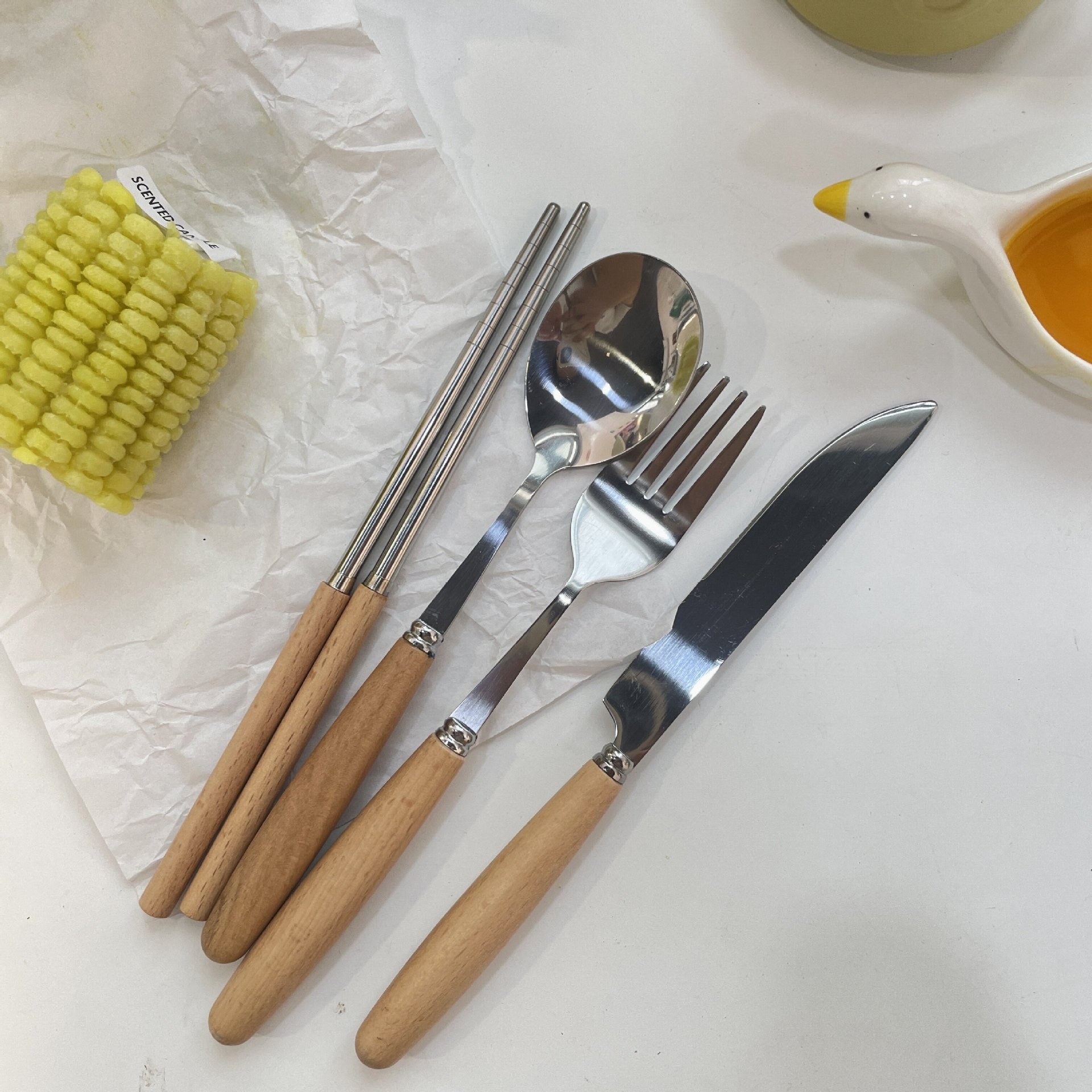 ins不锈钢榉木餐具套装刀叉勺咖啡勺筷子沙拉水果叉汤匙BH347