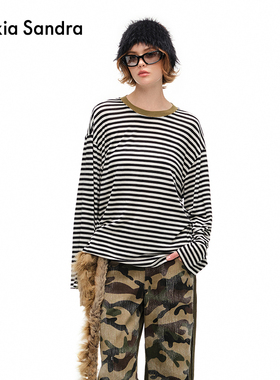 Alexia Sandra秋季经典羊毛条纹撞色圆领休闲长袖T恤女气质高级感
