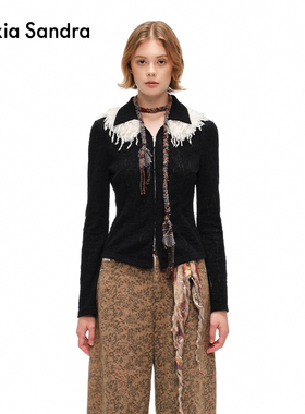 Alexia Sandra秋季羊毛提花可拆卸毛领修身拉链打底开衫黑色外搭