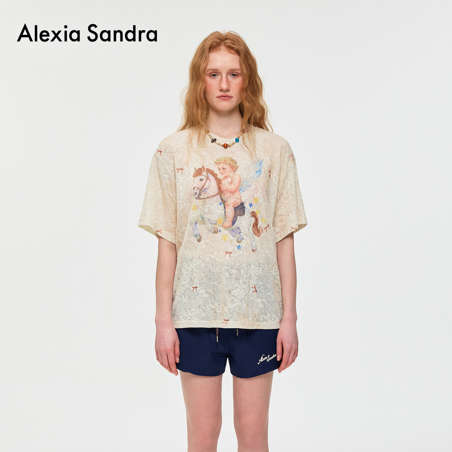 Alexia Sandra设计感天使小飞马晕染黄色蕾丝短袖T恤2026夏季新款