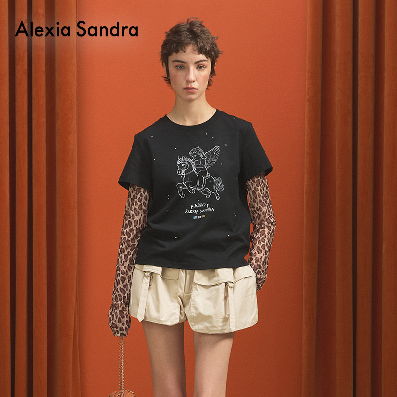 何宣林徐沐婵同款AlexiaSandra拼接豹纹袖新款天使小马黑色T恤女