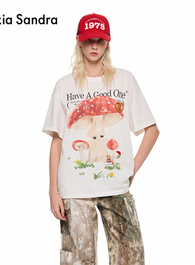 Alexia Sandra2025夏季新款梦游仙境蘑菇童趣宽松设计感短袖T恤女