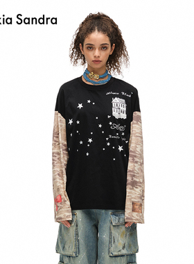 张真源同款Alexia Sandra星星房子印花迷彩拼接圆领T恤假两件长袖
