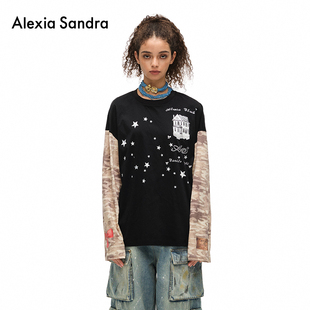 Sandra星星房子印花迷彩拼接圆领T恤假两件长袖 张真源同款 Alexia