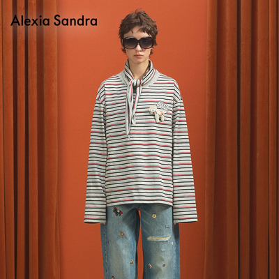 条纹小马装饰丝巾领长袖衫