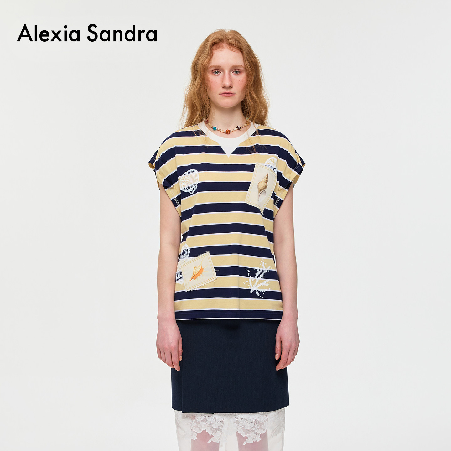 马嘉祺同款AlexiaSandra海洋贝壳印花条纹T恤短袖女上衣薄款新款