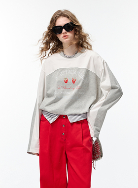 Alexia Sandra2023秋冬新品草莓俱乐部拼色套头长袖圆领t恤女