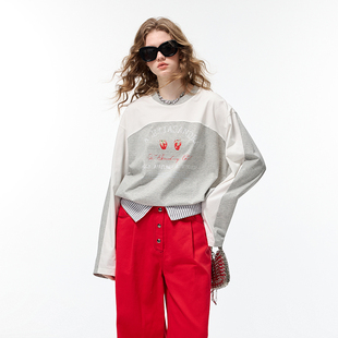 圆领t恤女 草莓俱乐部拼色套头长袖 Alexia Sandra2023秋冬新品