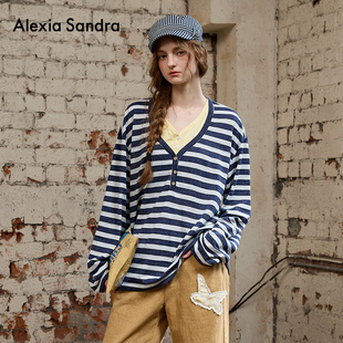 条纹V领假两件长袖 Alexia 简约经典 新款 T恤上衣女 Sandra2025秋季