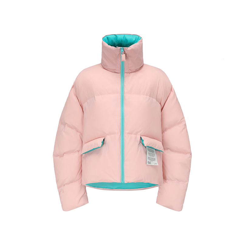 撞色立领口袋保暖羽绒服女外套