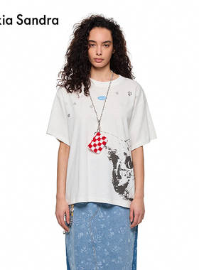 杨博文同款Alexi Sandra小猫探头棉麻短袖2025夏季新款半袖上衣女