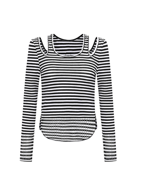 Alexia Sandra2023春夏新品时尚条纹露肩长袖打底衫女