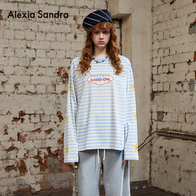 AlexiaSandra烫钻印花条纹长袖