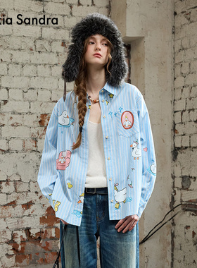 Alexia Sandra2025秋季新款啵啵鸭蓝色印花条纹长袖衬衫女设计感