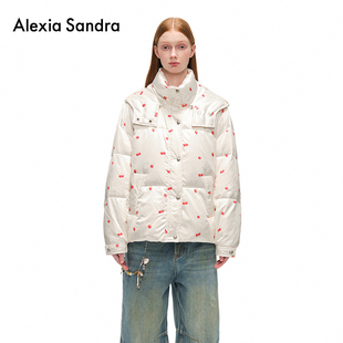 Alexia 可拆卸帽子樱桃草莓印花缎面羽绒外套上衣 Sandra秋冬新款