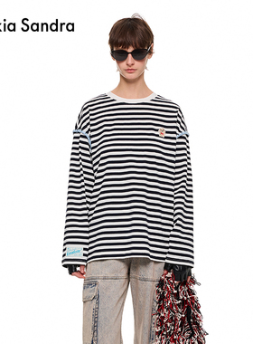 吴添豪同款Alexia Sandra新款条纹撞色贝壳绣落肩长袖T恤宽松上衣