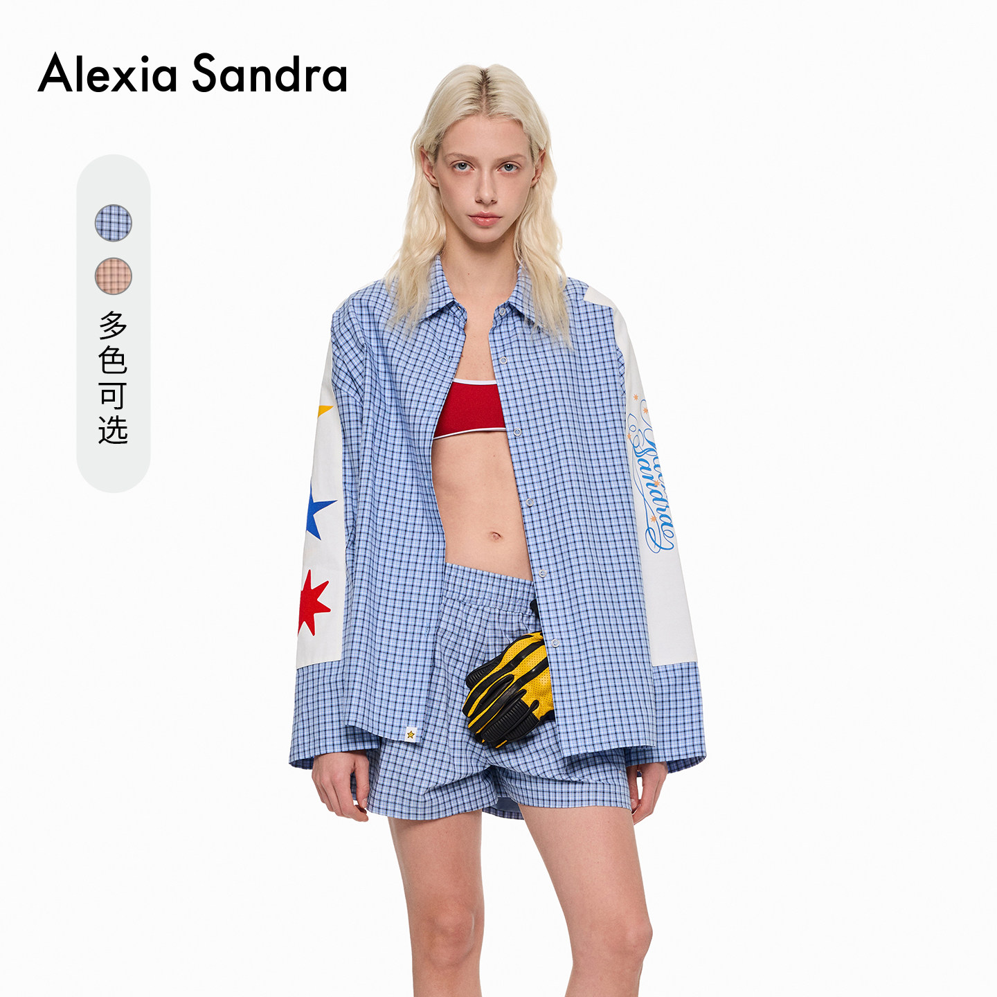 周航同款AlexiaSandra星星植绒印花翻领格纹衬衫蓝色长袖外搭上衣