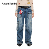 侯佩岑穆祉丞同款 子低腰香蕉牛仔裤 AlexiaSandra新款 多口袋解构裤