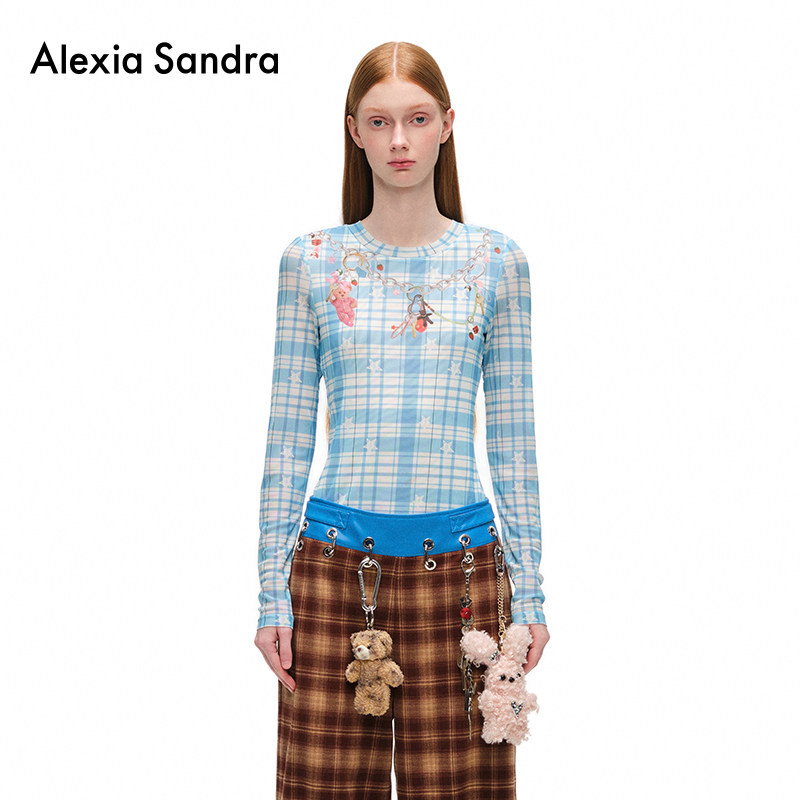 Alexia Sandra2024秋季新款彩色印花格纹网纱修身打底T恤上衣女