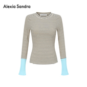 Alexia Sandra春夏袖 口拼色修身 迪丽热巴史策同款 显瘦条纹长袖 女