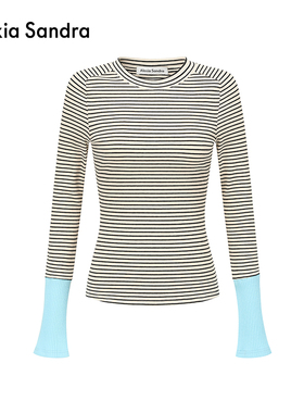 迪丽热巴同款Alexia Sandra春夏袖口拼色修身显瘦条纹长袖打底衫