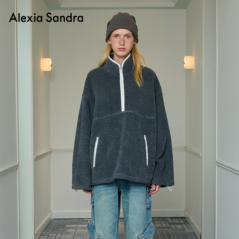 AlexiaSandra秋季新款经典简约撞色边颗粒绒休闲套头衫卫衣上衣女