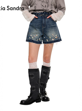 Alexia Sandra趣味贴纸印花双色边牛仔短裤2025夏季蓝色直筒宽松