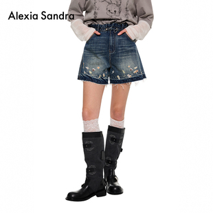 蓝色直筒宽松 2025夏季 Alexia Sandra趣味贴纸印花双色边牛仔短裤