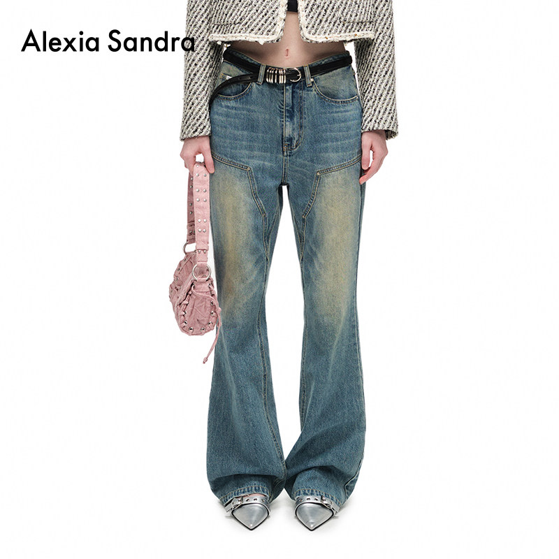 Alexia Sandra2024秋季新款经典复古做旧微喇拖地牛仔休闲长裤