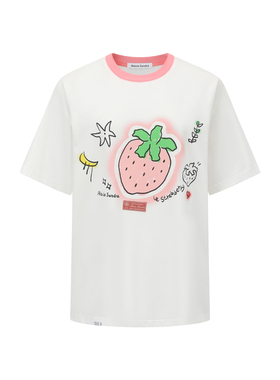 Alexia Sandra荧光草莓印花夏季甜美风短袖T恤撞色领可爱穿搭女装