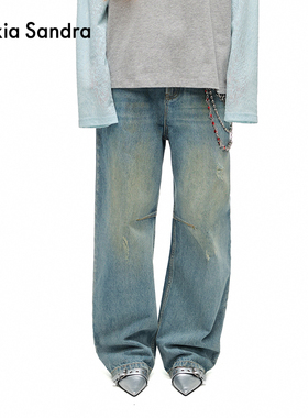 侯明昊沈梦辰同款Alexia Sandra深蓝色宽松做旧破洞直筒牛仔裤女